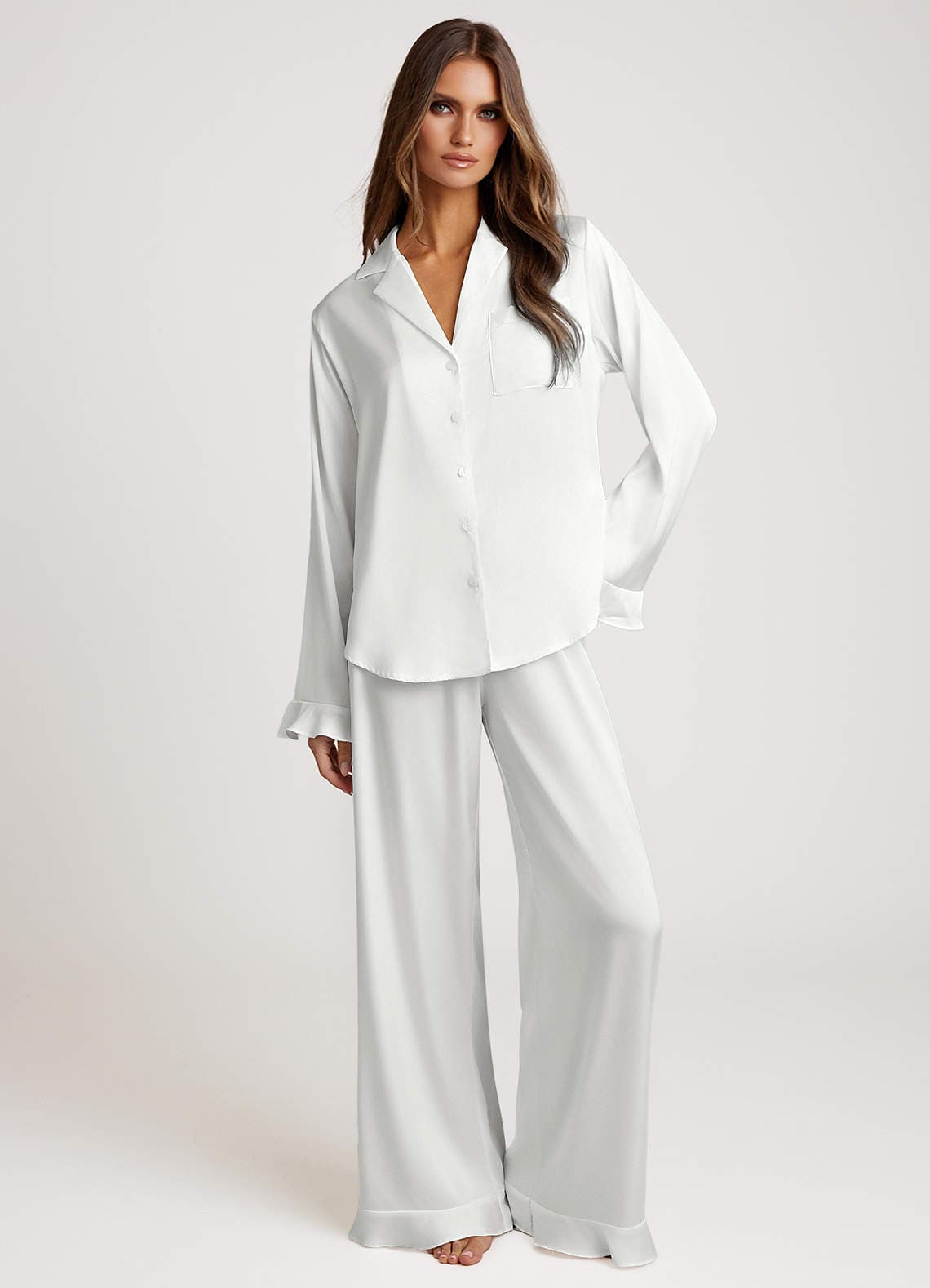 Azazie Ruffled Satin Long Sleeve Pajama Set