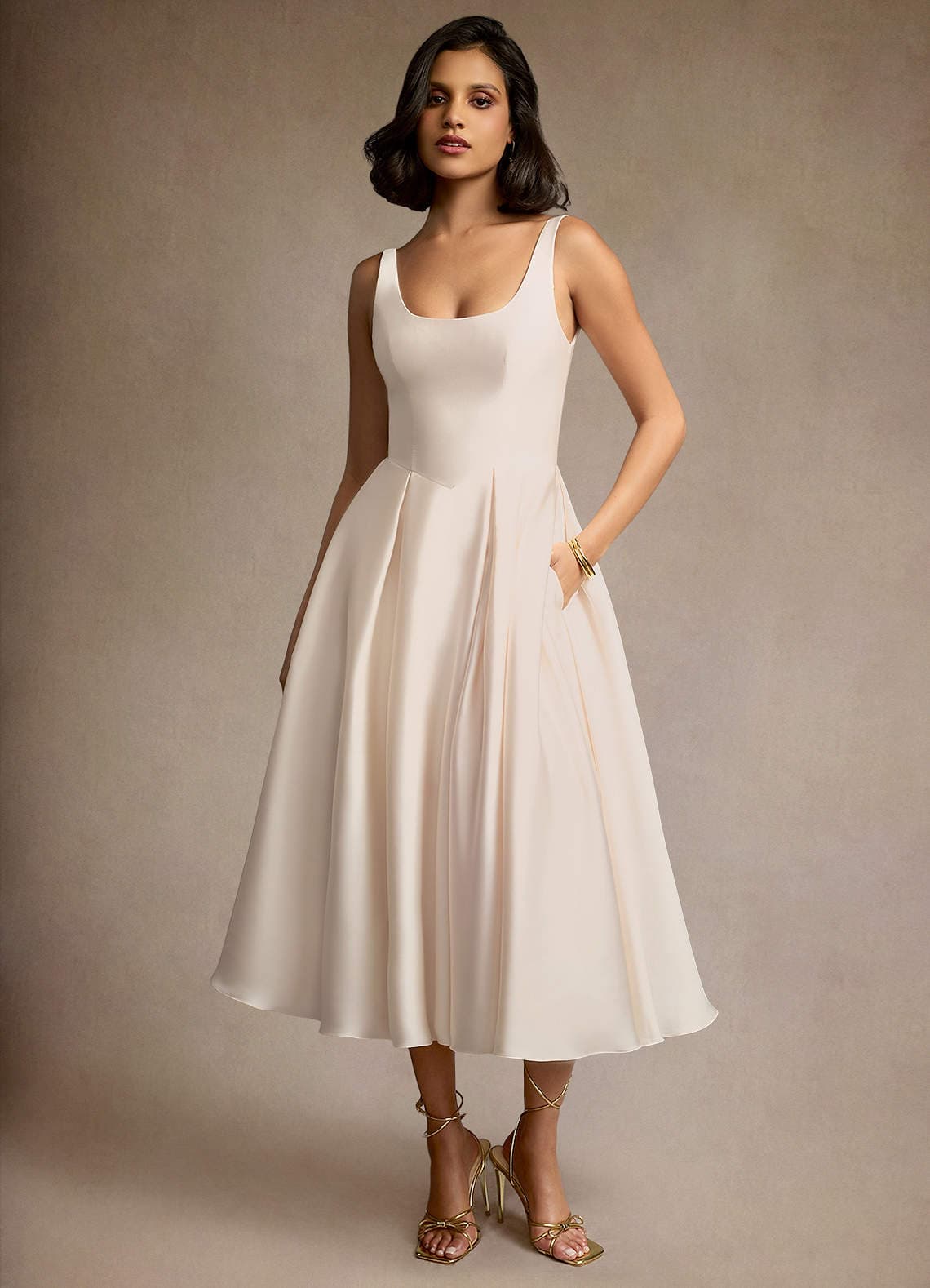 Azazie Olivia Cream Pleated Midi Dress